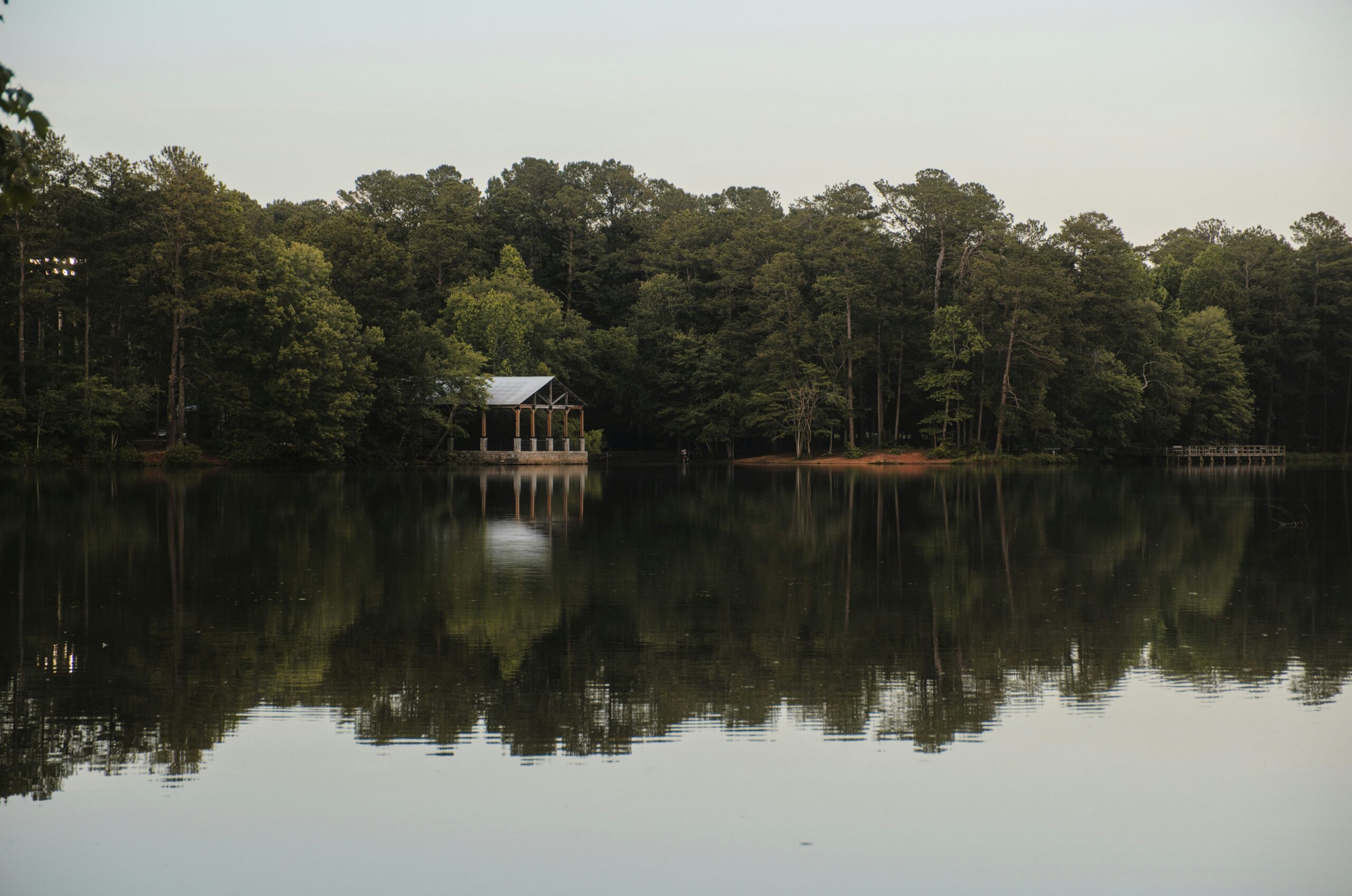 Dock on a lake in Georgia with calm water and scenic waterfront views